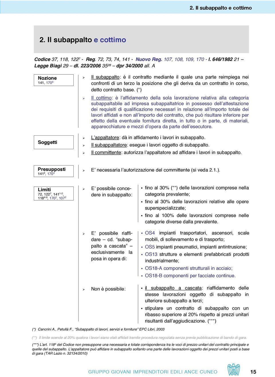 (*) il cottimo: è l affidamento della sola lavorazione relativa alla categoria subappaltabile ad impresa subappaltatrice in possesso dell attestazione dei requisiti di qualificazione necessari in