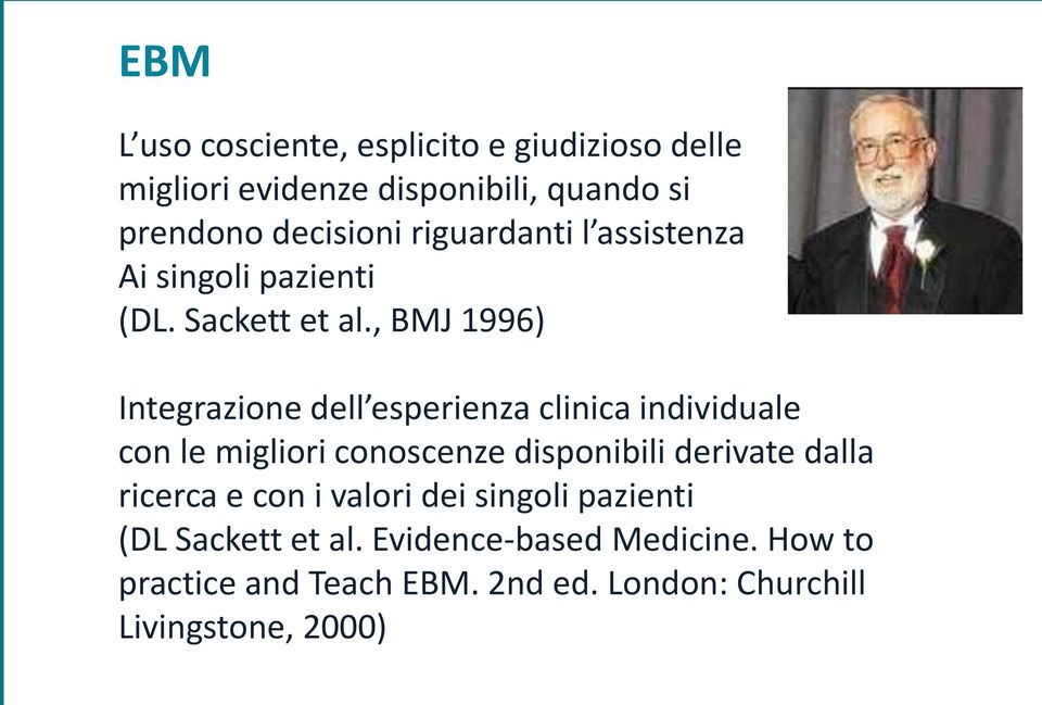, BMJ 1996) Integrazione dell esperienza clinica individuale con le migliori conoscenze disponibili derivate