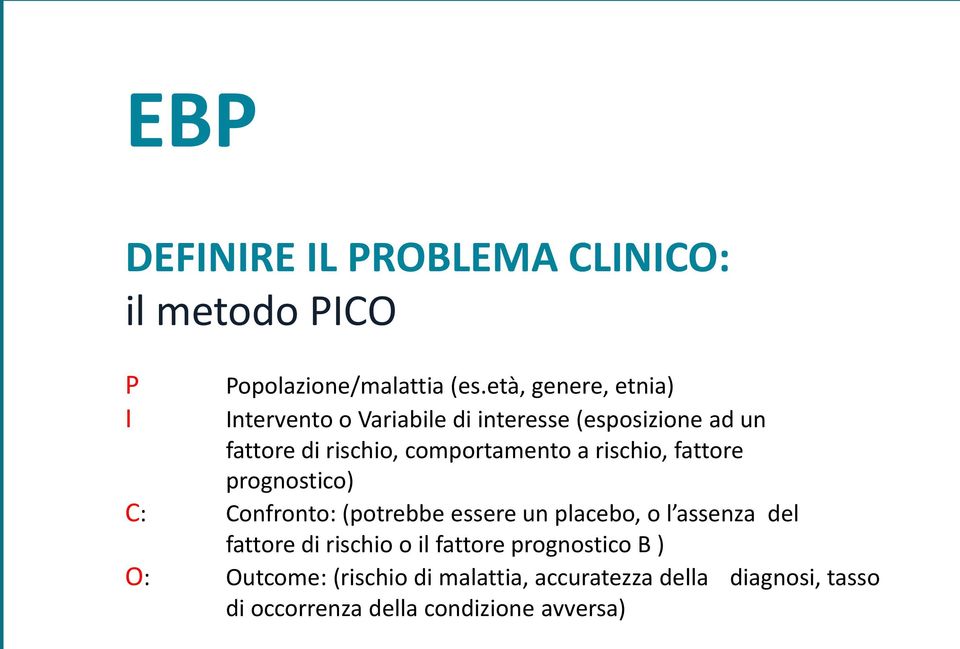 a rischio, fattore prognostico) C: Confronto: (potrebbe essere un placebo, o l assenza del fattore di