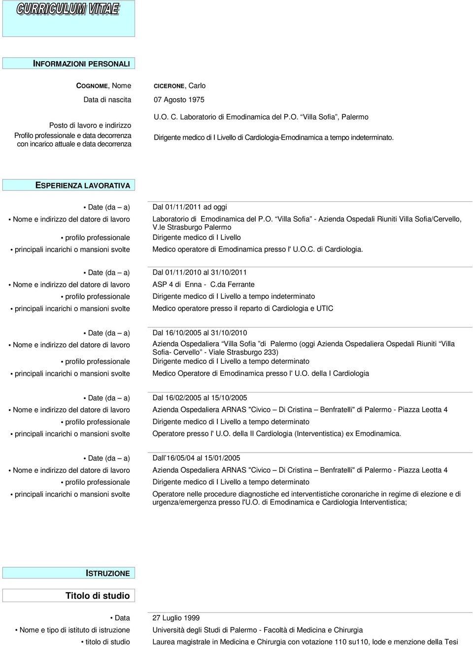 ESPERIENZA LAVORATIVA Date (da a) Nome e indirizzo del datore di lavoro profilo professionale principali incarichi o mansioni svolte Dal 01/11/2011 ad oggi Laboratorio di Emodinamica del P.O. Villa Sofia - Azienda Ospedali Riuniti Villa Sofia/Cervello, V.