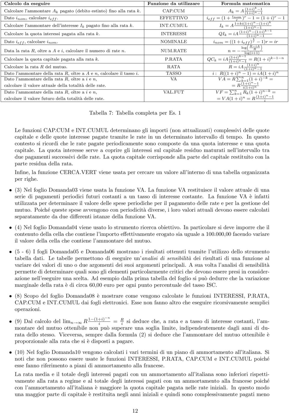 CUMUL I k = A 1+ki(1+i)n (1+i) k (1+i) n 1 Calcolare la quota interessi pagata alla rata k. INTERESSI QI k = ia (1+i)n (1+i) k 1 (1+i) n 1 Dato i eff, calcolare i nom.