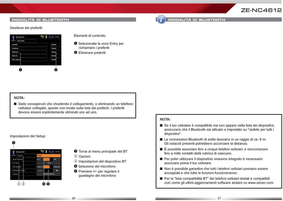 Impostazioni del Setup: Torna al menu principale del BT Opzioni Impostazioni del dispositivo BT Selezione del microfono Premere +/- per regolare il guadagno del microfono Se il tuo cellulare è