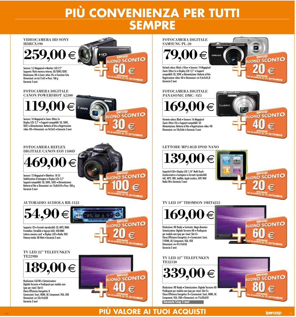 registrazione video: HD Dimensioni: cm 9,6x2xh5,8 FOTOCAMERA DIGITALE CANON POWERSHOT A2300 9,00 FOTOCAMERA DIGITALE PANASONIC DMC- SZ 69,00 sensore: 6 Megapixel Zoom: Ottico 5x Display LcD: 2,7