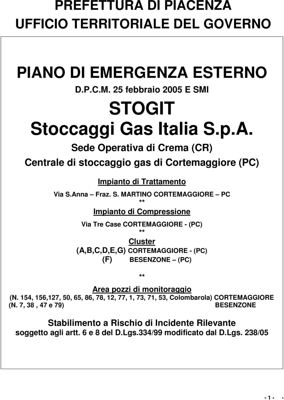 MARTINO CORTEMAGGIORE PC ** Impianto di Compressione Via Tre Case CORTEMAGGIORE - (PC) ** Cluster (A,B,C,D,E,G) CORTEMAGGIORE - (PC) (F) BESENZONE (PC) ** Area pozzi di