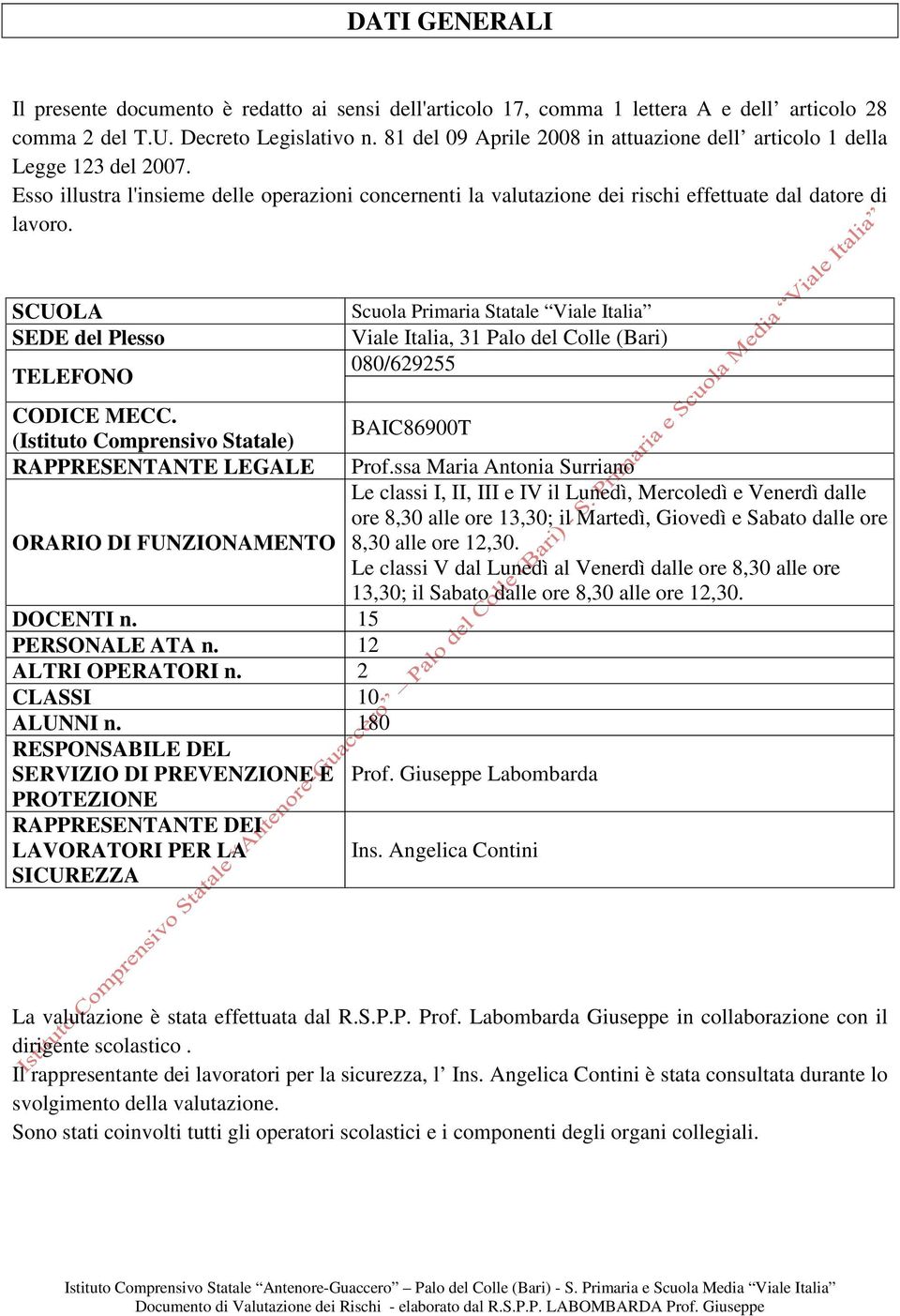 SCUOLA SEDE del Plesso TELEFONO CODICE MECC. (Istituto Comprensivo Statale) RAPPRESENTANTE LEGALE ORARIO DI FUNZIONAMENTO DOCENTI n. 15 PERSONALE ATA n. 12 ALTRI OPERATORI n. 2 CLASSI 10 ALUNNI n.