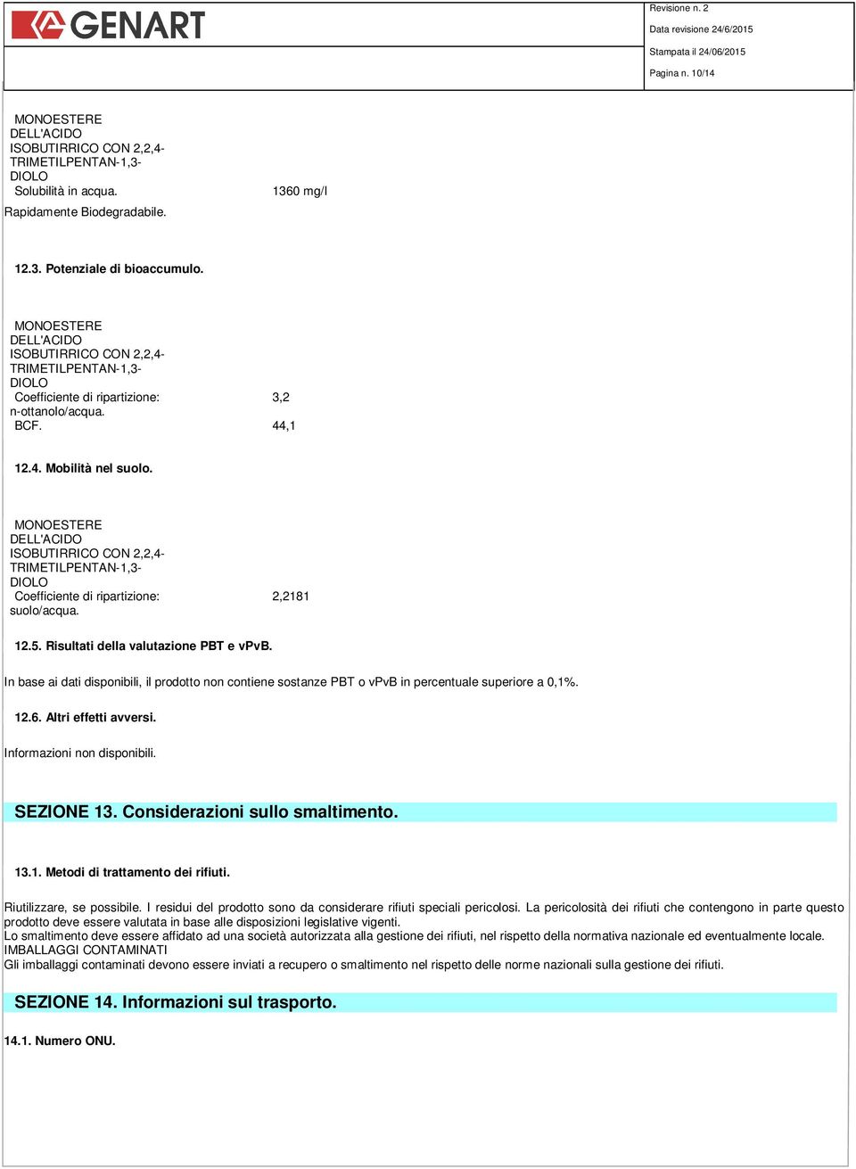 MONOESTERE DELL'ACIDO ISOBUTIRRICO CON 2,2,4- TRIMETILPENTAN-1,3- DIOLO Coefficiente di ripartizione: suolo/acqua. 2,2181 12.5. Risultati della valutazione PBT e vpvb.