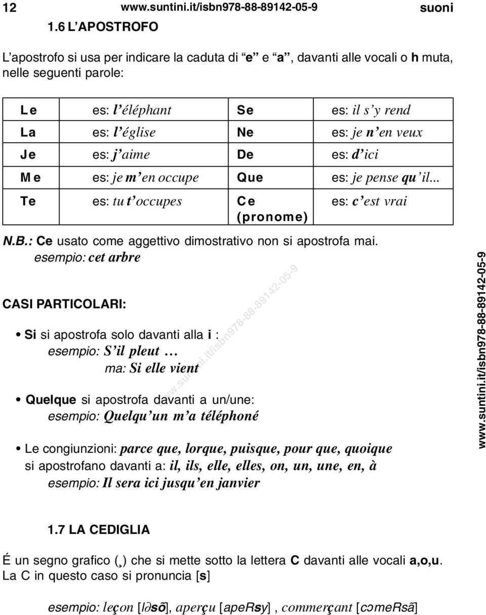 j aime De es: d ici Me es: je m en occupe Que es: je pense qu il... Te es: tu t occupes Ce es: c est vrai (pronome) N.B.: Ce usato come aggettivo dimostrativo non si apostrofa mai.