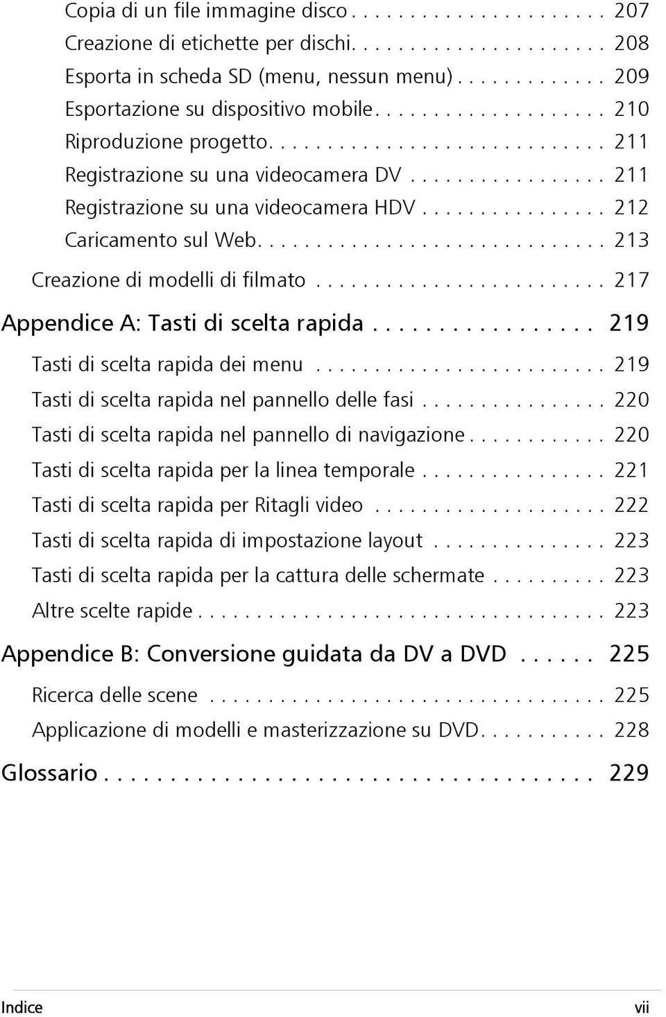 ............................. 213 Creazione di modelli di filmato......................... 217 Appendice A: Tasti di scelta rapida................. 219 Tasti di scelta rapida dei menu.