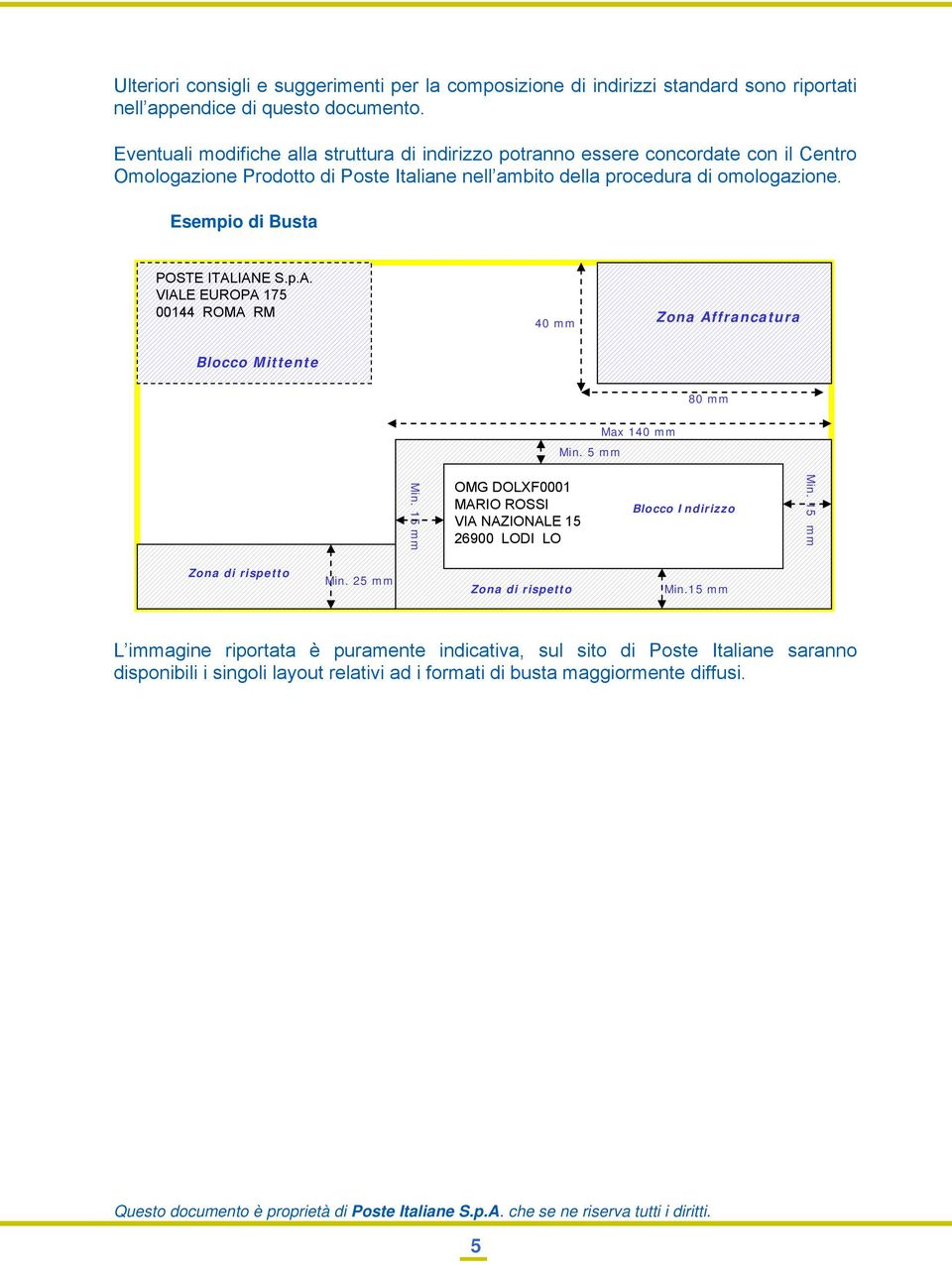 Esempio di Busta POSTE ITALIANE S.p.A. VIALE EUROPA 175 00144 ROMA RM 40 mm Zona Affrancatura Blocco Mittente 80 mm Max 140 mm Min. 5 mm Min.