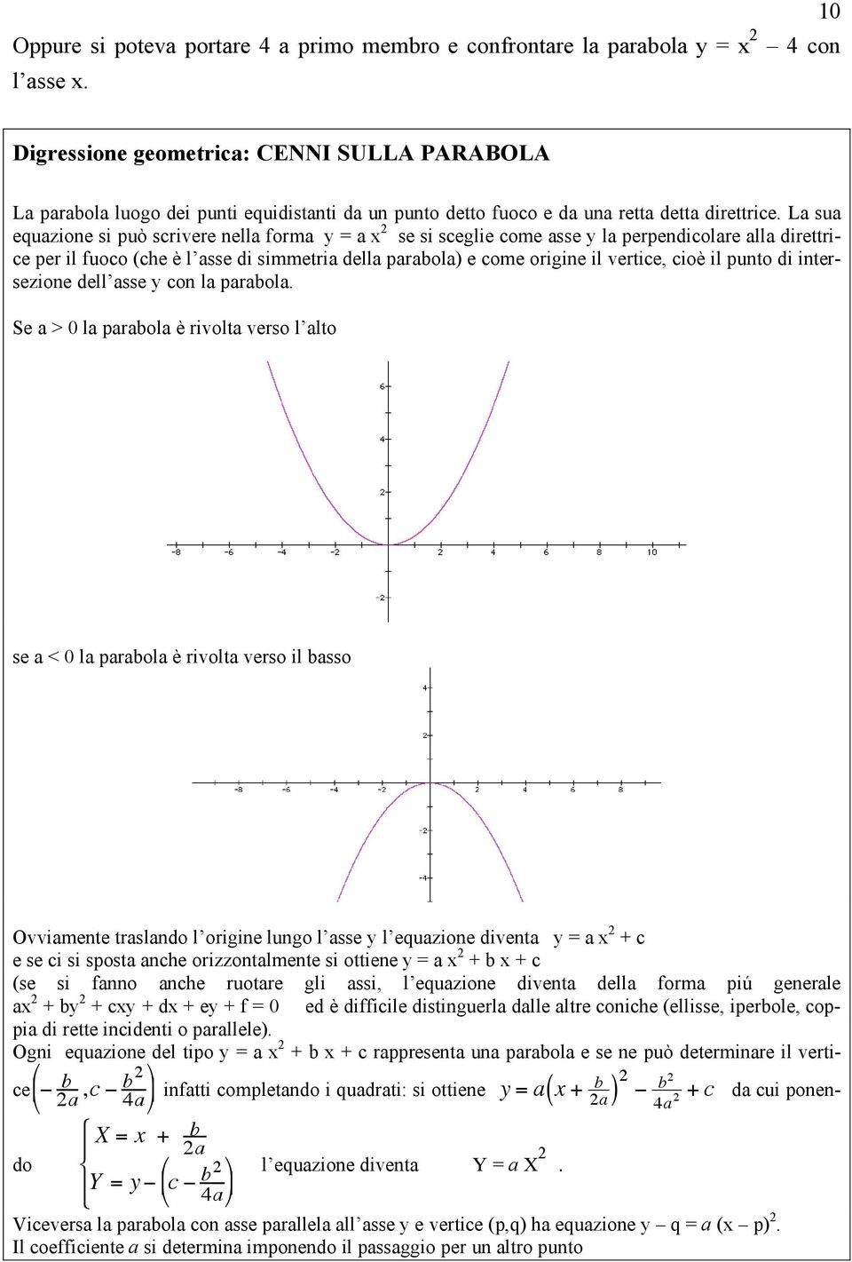 La sua equazione si può scrivere nella forma y = a x 2 se si sceglie come asse y la perpendicolare alla direttrice per il fuoco (che è l asse di simmetria della parabola) e come origine il vertice,
