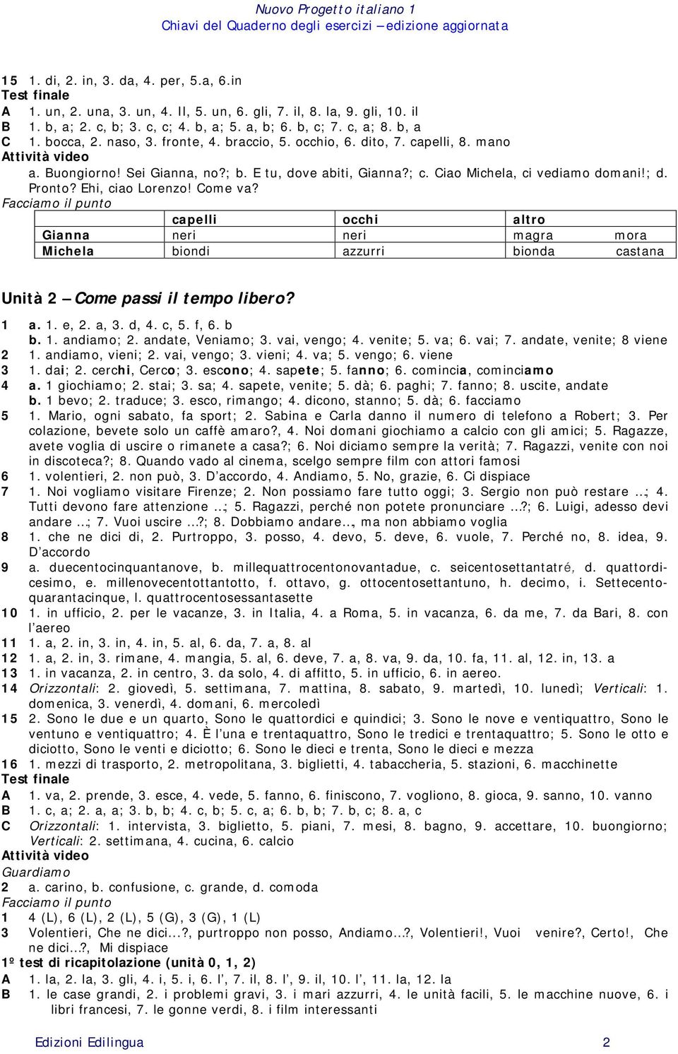 Ehi, ciao Lorenzo! Come va? capelli occhi altro Gianna neri neri magra mora Michela biondi azzurri bionda castana Unità 2 Come passi il tempo libero? 1 a. 1. e, 2. a, 3. d, 4. c, 5. f, 6. b b. 1. andiamo; 2.