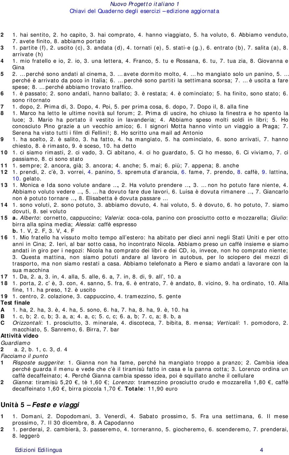 perché sono andati al cinema, 3. avete dormito molto, 4. ho mangiato solo un panino, 5. perché è arrivato da poco in Italia; 6. perché sono partiti la settimana scorsa; 7. è uscita a fare spese; 8.