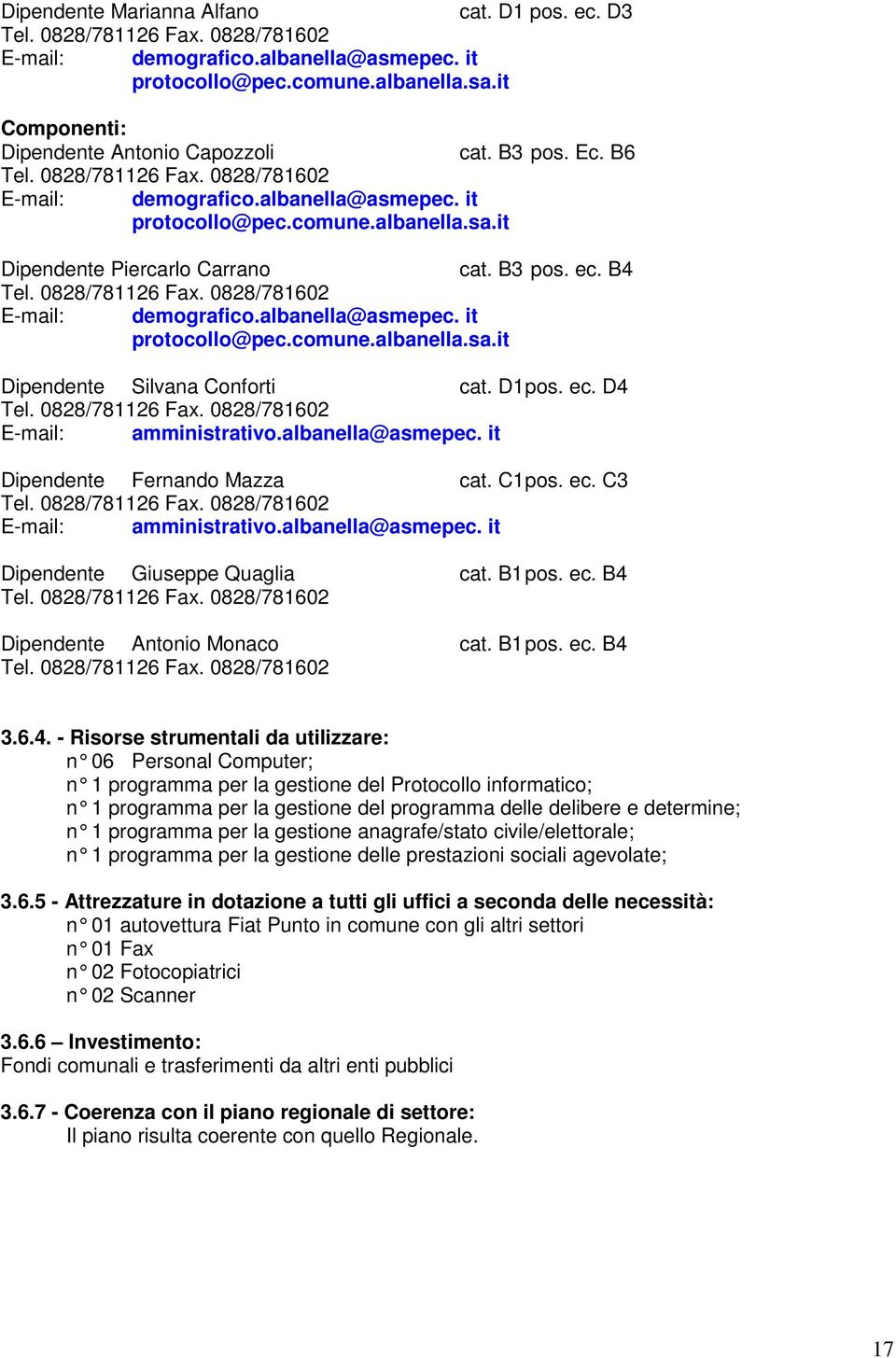 it Dipendente Piercarlo Carrano cat. B3 pos. ec. B4 Tel. 0828/781126 Fax. 0828/781602 E-mail: demografico.albanella@asmepec. it protocollo@pec.comune.albanella.sa.it Dipendente Silvana Conforti cat.