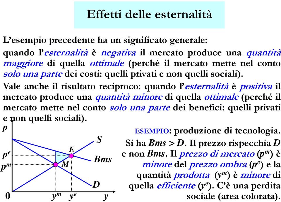 Vale anche il risultato reciproco: quando l esternalità è positiva il mercato produce una quantità minore di quella ottimale (perché il mercato mette nel conto solo una parte dei benefici: