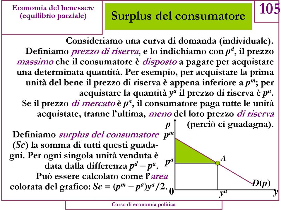 Per esempio, per acquistare la prima unità del bene il prezzo di riserva è appena inferiore a p m ; per acquistare la quantità y a il prezzo di riserva è p a.