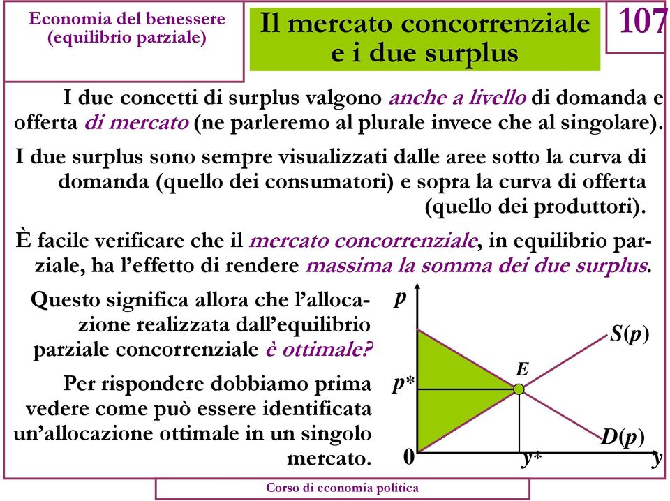 È facile verificare che il mercato concorrenziale, in equilibrio parziale, ha l effetto di rendere massima la somma dei due surplus.