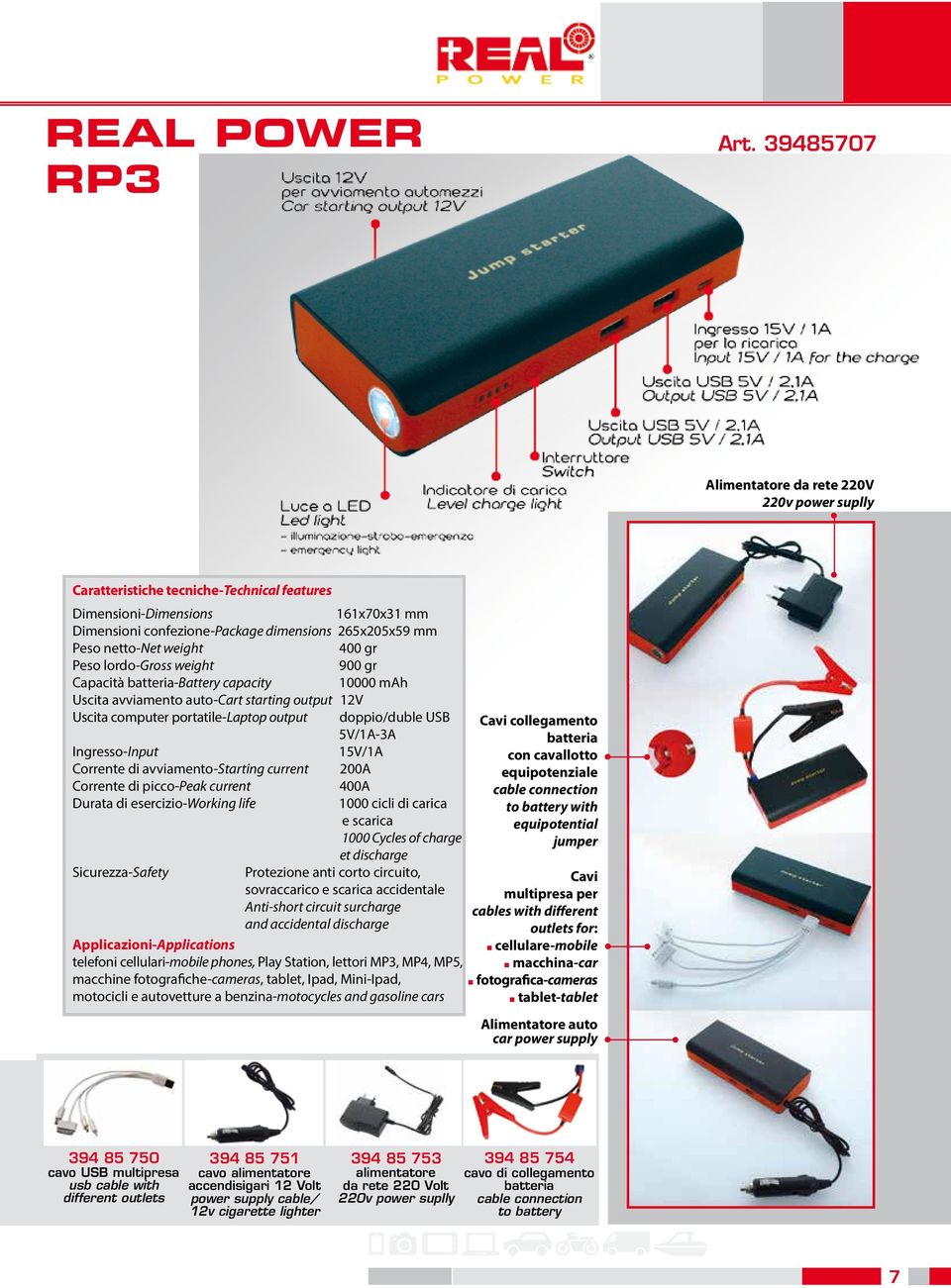 netto-net weight 400 gr Peso lordo-gross weight 900 gr Capacità batteria-battery capacity 10000 mah Uscita avviamento auto-cart starting output 12V Uscita computer portatile-laptop output