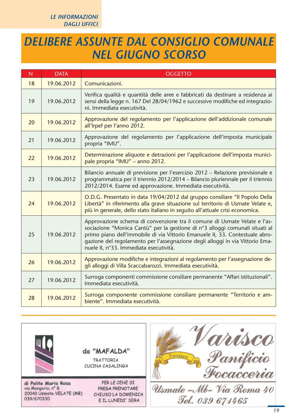 167 Del 28/04/1962 e successive modifiche ed integrazioni. Immediata esecutività. Approvazione del regolamento per l applicazione dell addizionale comunale all Irpef per l anno 2012.