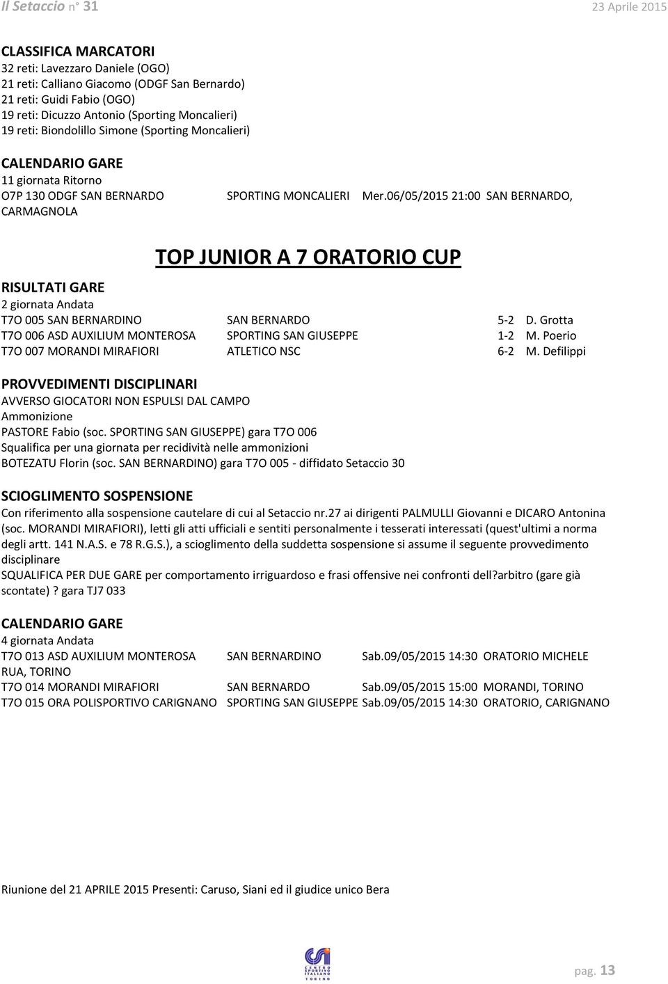 06/05/2015 21:00 SAN BERNARDO, CARMAGNOLA TOP JUNIOR A 7 ORATORIO CUP 2 giornata Andata T7O 005 SAN BERNARDINO SAN BERNARDO 5-2 D. Grotta T7O 006 ASD AUXILIUM MONTEROSA SPORTING SAN GIUSEPPE 1-2 M.