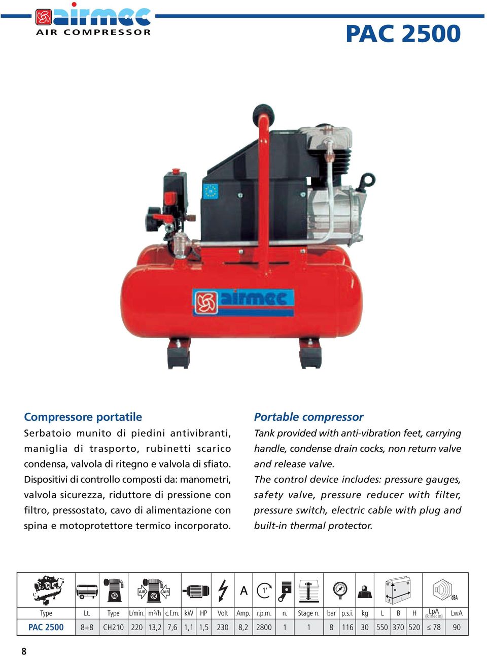 Portable compressor Tank provided with anti-vibration feet, carrying handle, condense drain cocks, non return valve and release valve.