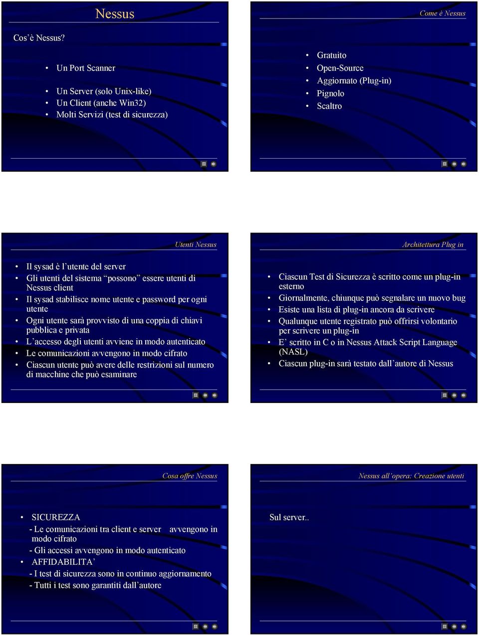 server Gli utenti del sistema possono essere utenti di Nessus client Il sysad stabilisce nome utente e password per ogni utente Ogni utente sarà provvisto di una coppia di chiavi pubblica e privata L