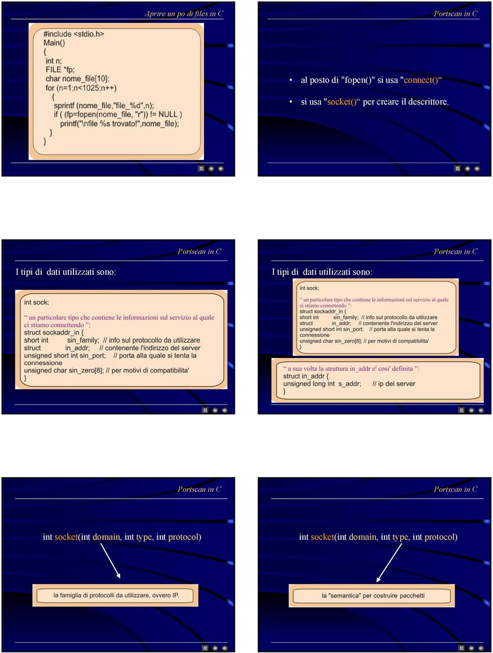 Portscan in C Portscan in C I tipi di dati utilizzati sono: I tipi di dati