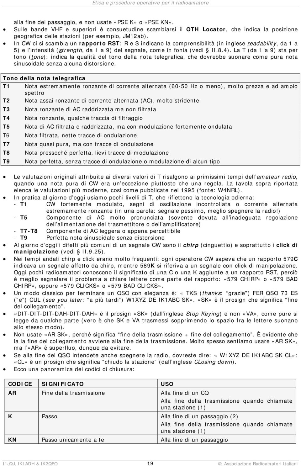 La T (da 1 a 9) sta per tono (tone): indica la qualità del tono della nota telegrafica, che dovrebbe suonare come pura nota sinusoidale senza alcuna distorsione.