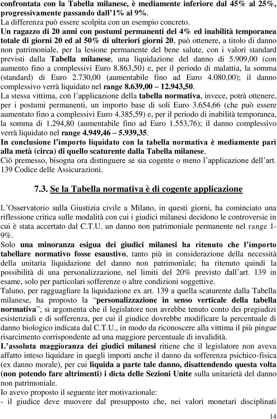 permanente del bene salute, con i valori standard previsti dalla Tabella milanese, una liquidazione del danno di 5.909,00 (con aumento fino a complessivi Euro 8.