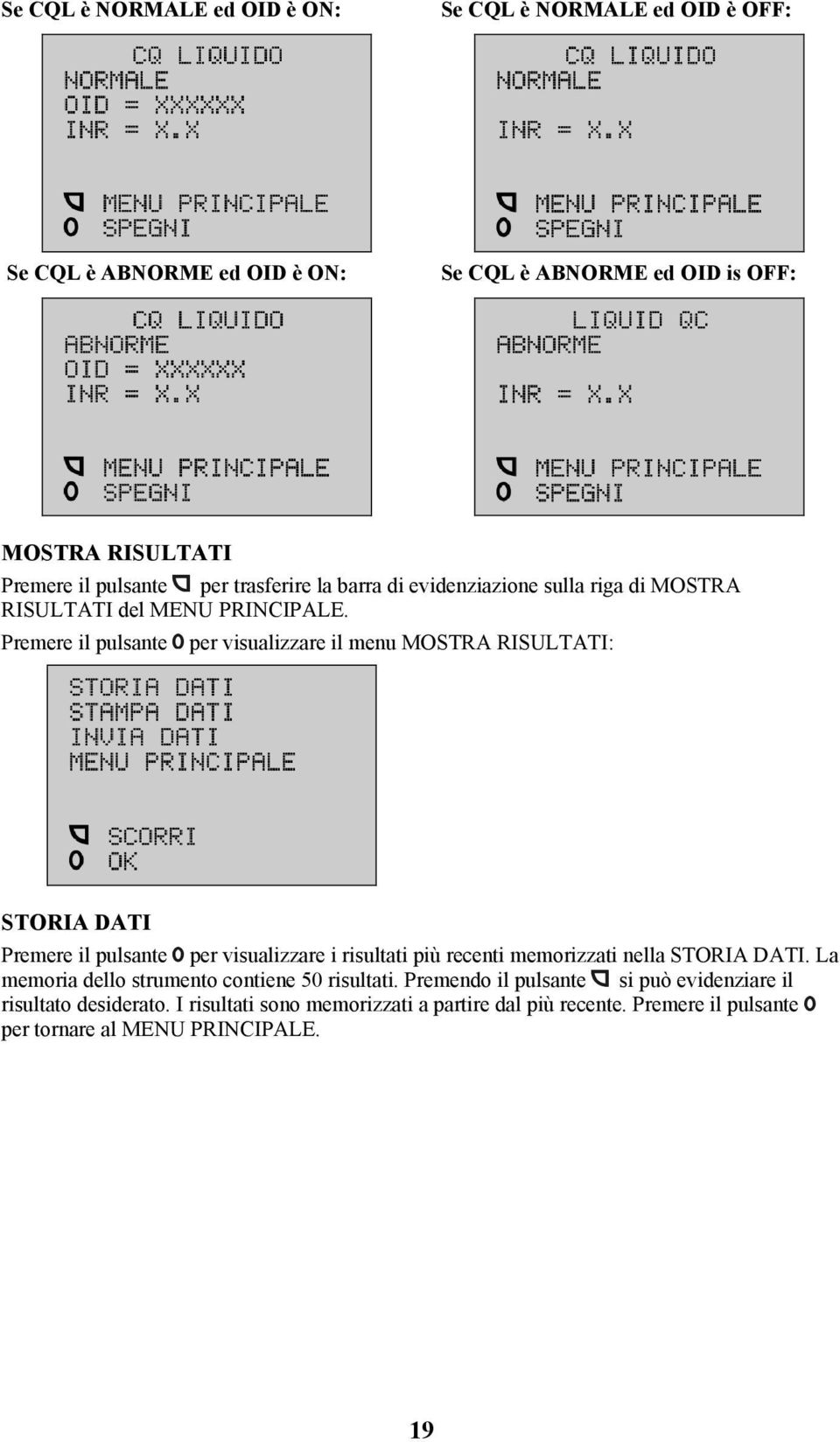 Premere il pulsante per visualizzare il menu MOSTRA RISULTATI: STORIA DATI Premere il pulsante per visualizzare i risultati più recenti memorizzati nella STORIA