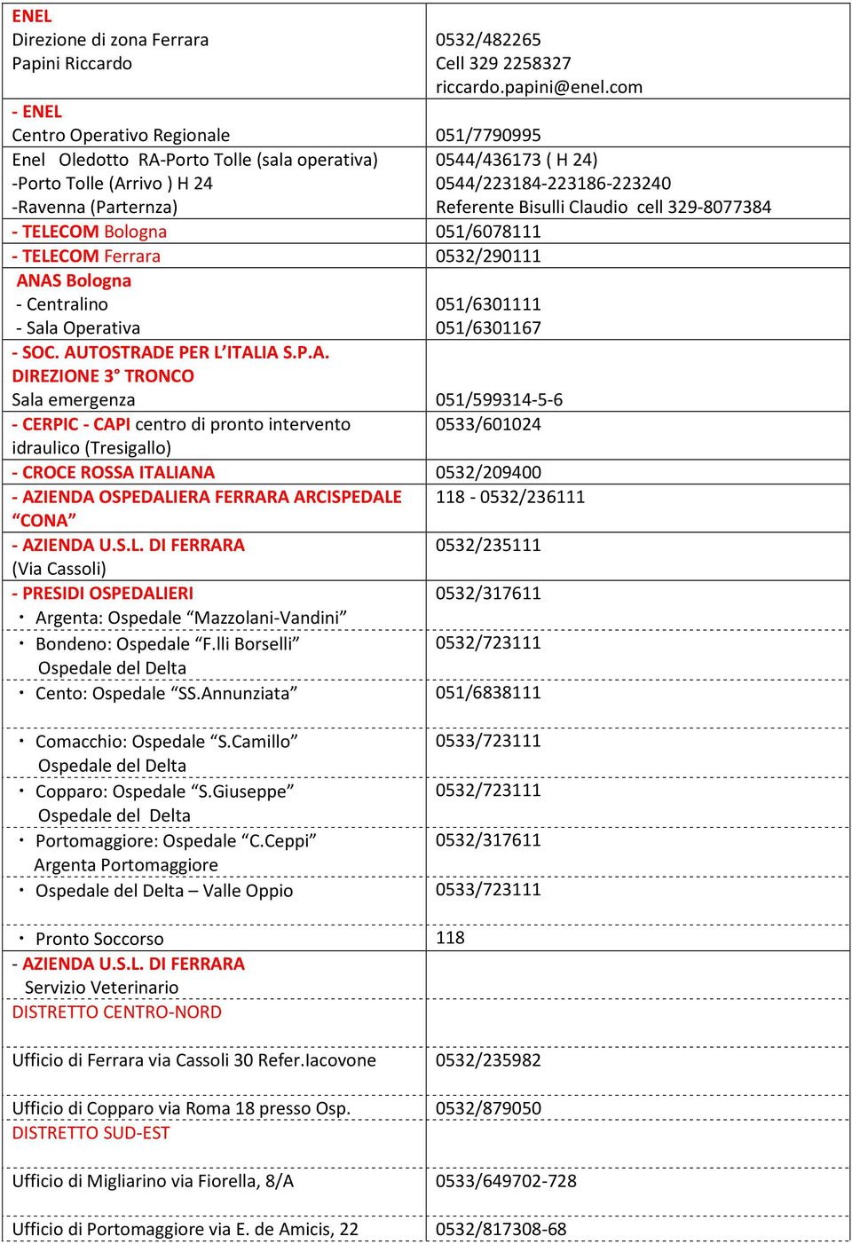 0532/290111 ANAS Bologna - Centralino - Sala Operativa 0544/436173 ( H 24) 0544/223184-223186-223240 Referente Bisulli Claudio cell 329-8077384 051/6301111 051/6301167 - SOC.