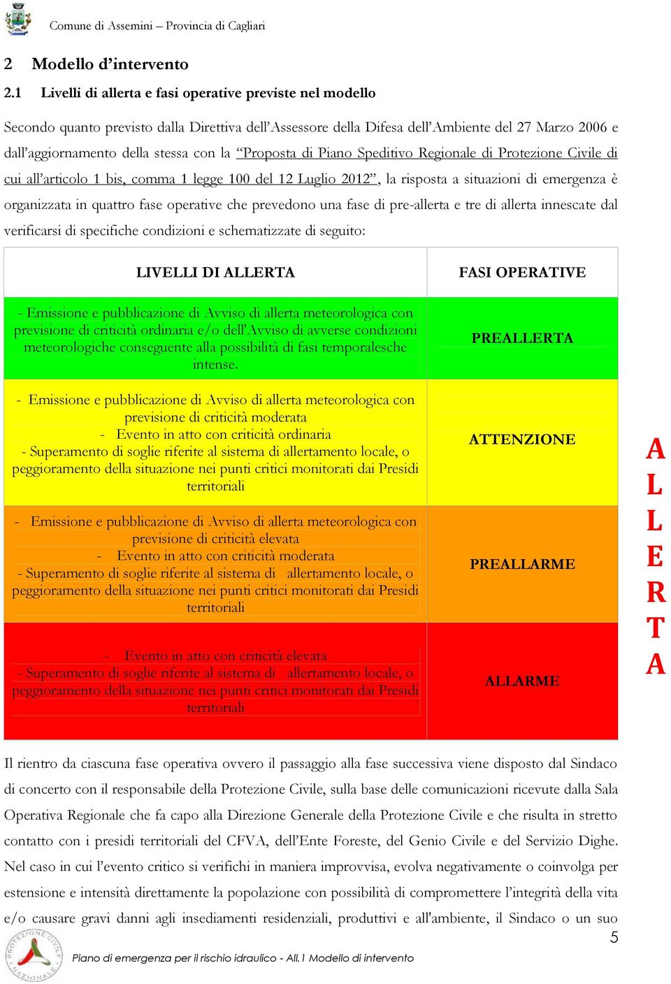 Proposta di Piano Speditivo Regionale di Protezione Civile di cui all articolo 1 bis, comma 1 legge 100 del 12 Luglio 2012, la risposta a situazioni di emergenza è organizzata in quattro fase