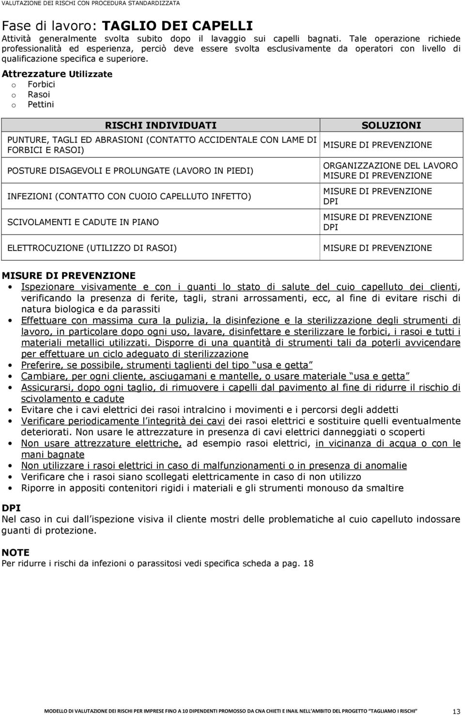 Attrezzature Utilizzate o Forbici o Rasoi o Pettini RISCHI INDIVIDUATI PUNTURE, TAGLI ED ABRASIONI (CONTATTO ACCIDENTALE CON LAME DI FORBICI E RASOI) POSTURE DISAGEVOLI E PROLUNGATE (LAVORO IN PIEDI)