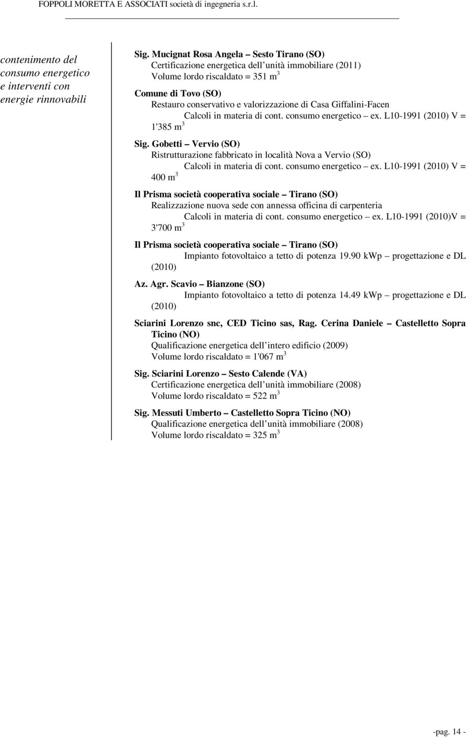 Giffalini-Facen Calcoli in materia di cont. consumo energetico ex. L10-1991 (2010) V = 1'385 m 3 Sig.