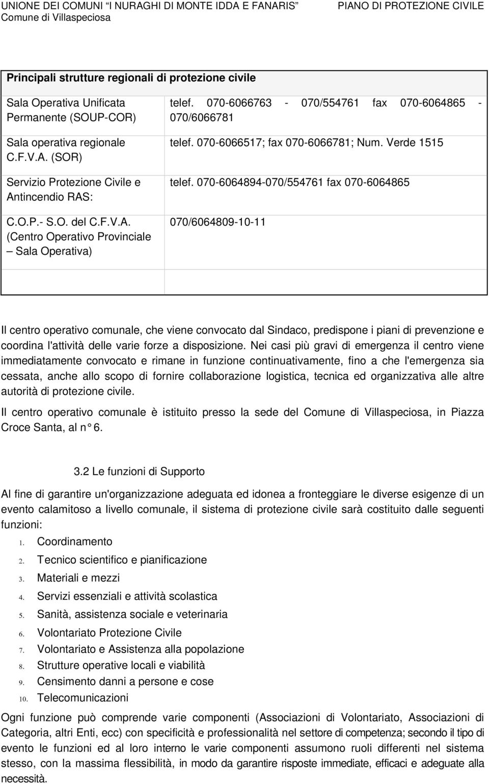 070-6064894-070/554761 fax 070-6064865 070/6064809-10-11 Il centro operativo comunale, che viene convocato dal Sindaco, predispone i piani di prevenzione e coordina l'attività delle varie forze a