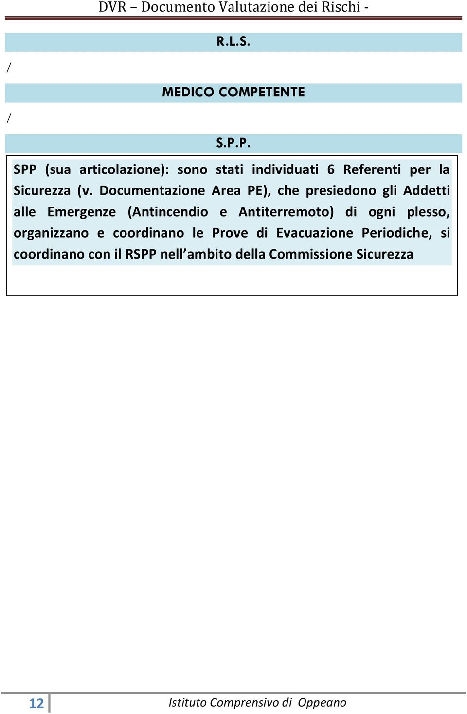 Documentazione Area PE), che presiedono gli Addetti alle Emergenze (Antincendio e Antiterremoto)