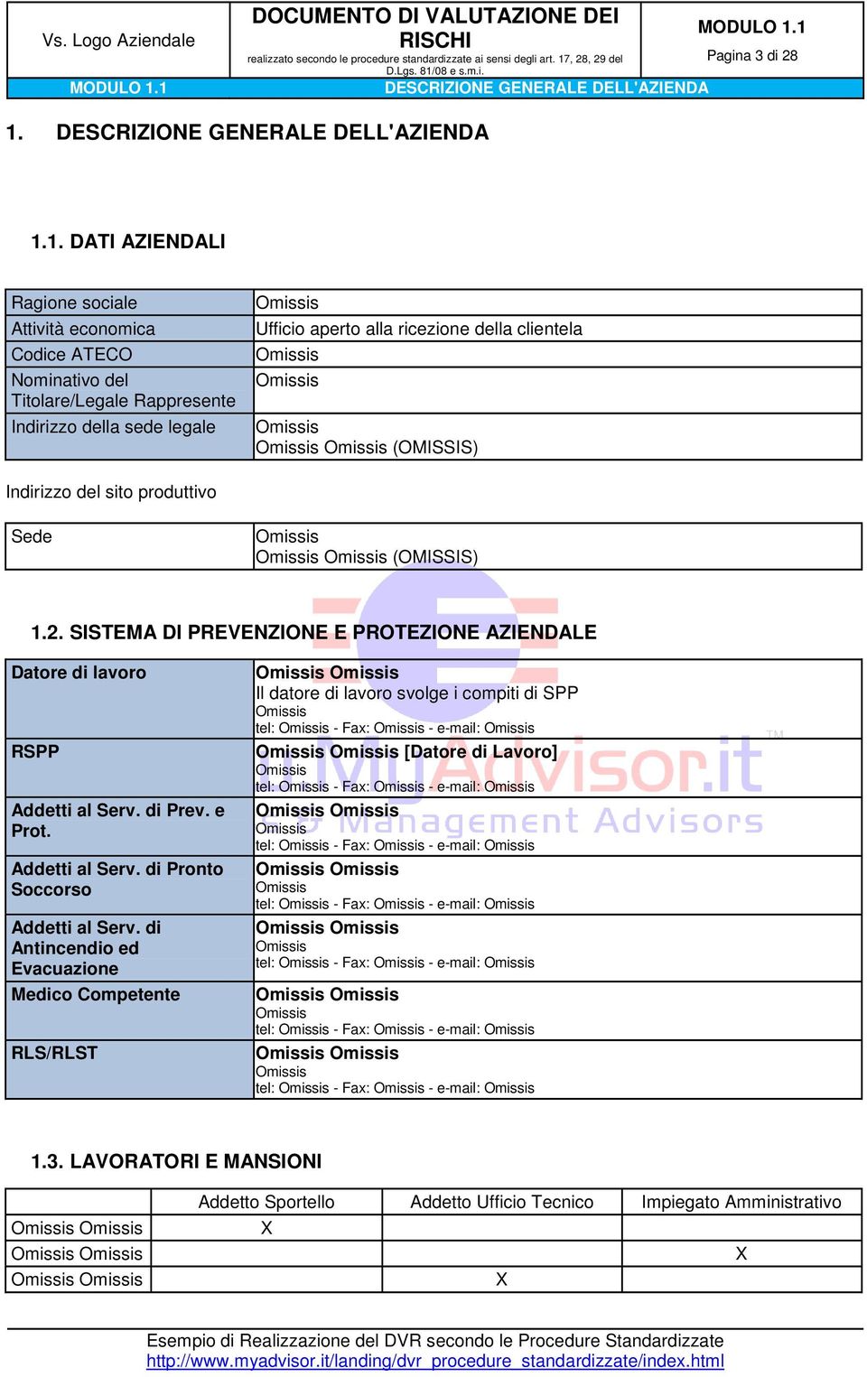 Ufficio aperto alla ricezione della clientela (OMISSIS) Indirizzo del sito produttivo Sede (OMISSIS) 1.2. SISTEMA DI PREVENZIONE E PROTEZIONE AZIENDALE Datore di lavoro RSPP Addetti al Serv. di Prev.