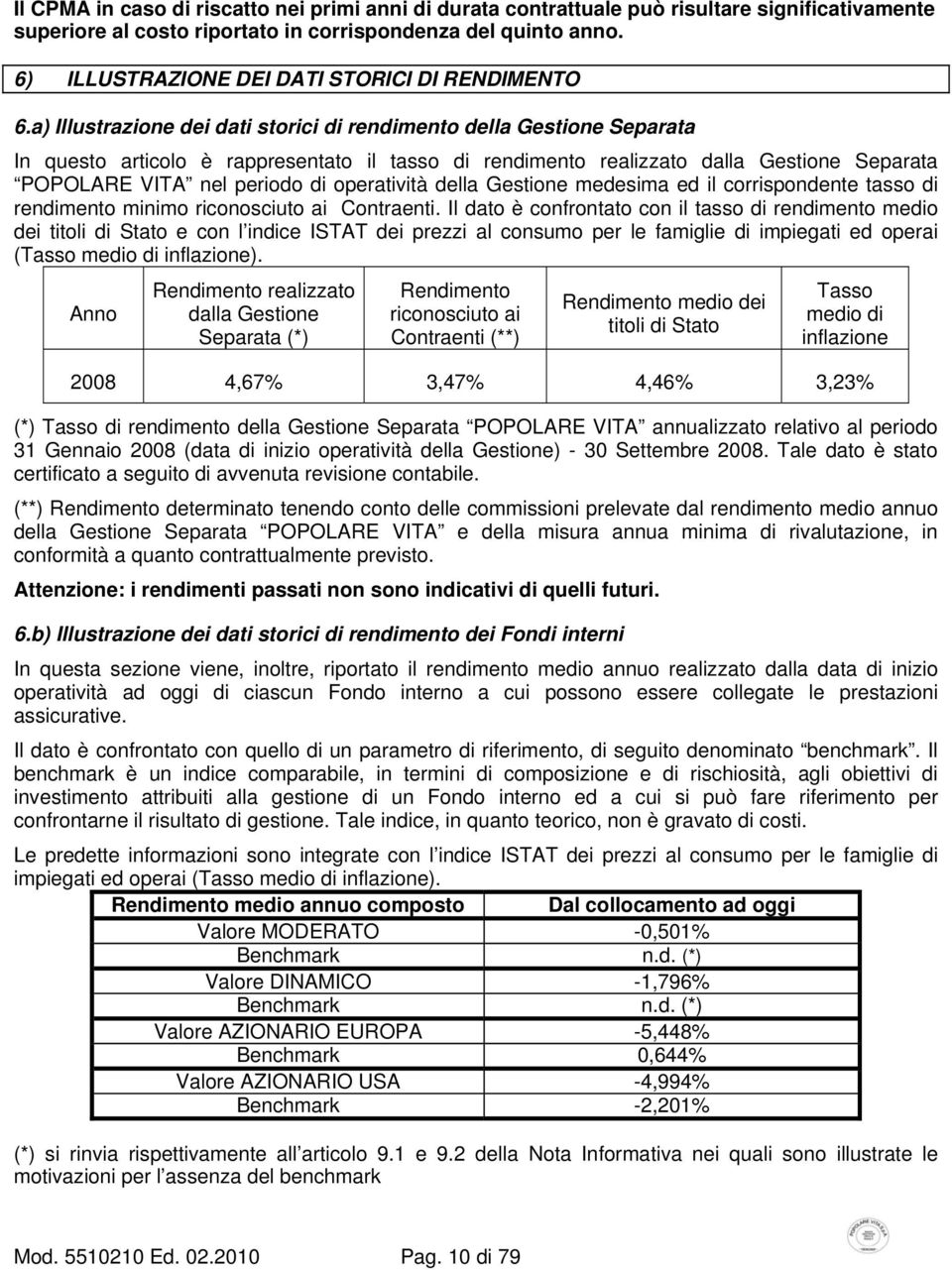 a) Illustrazione dei dati storici di rendimento della Gestione Separata In questo articolo è rappresentato il tasso di rendimento realizzato dalla Gestione Separata POPOLARE VITA nel periodo di