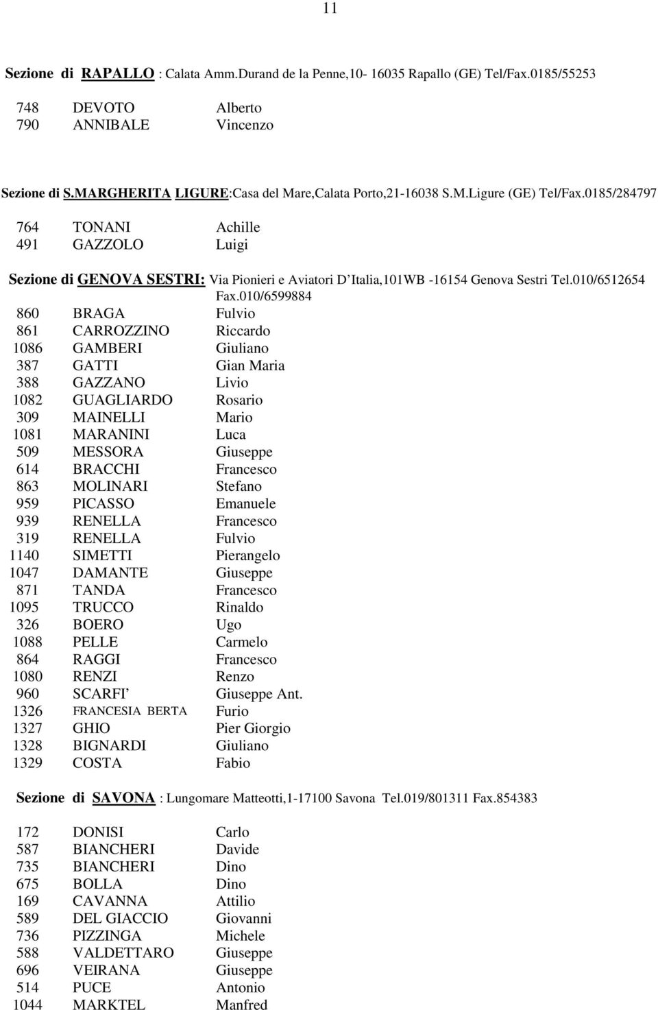 0185/284797 764 TONANI Achille 491 GAZZOLO Luigi Sezione di GENOVA SESTRI: Via Pionieri e Aviatori D Italia,101WB -16154 Genova Sestri Tel.010/6512654 Fax.