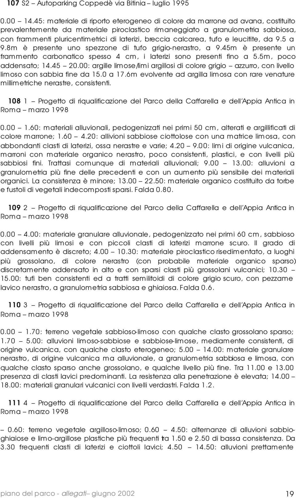 laterizi, breccia calcarea, tufo e leucitite, da 9.5 a 9.8m è presente uno spezzone di tufo grigio-nerastro, a 9.45m è presente un frammento carbonatico spesso 4 cm, i laterizi sono presenti fino a 5.