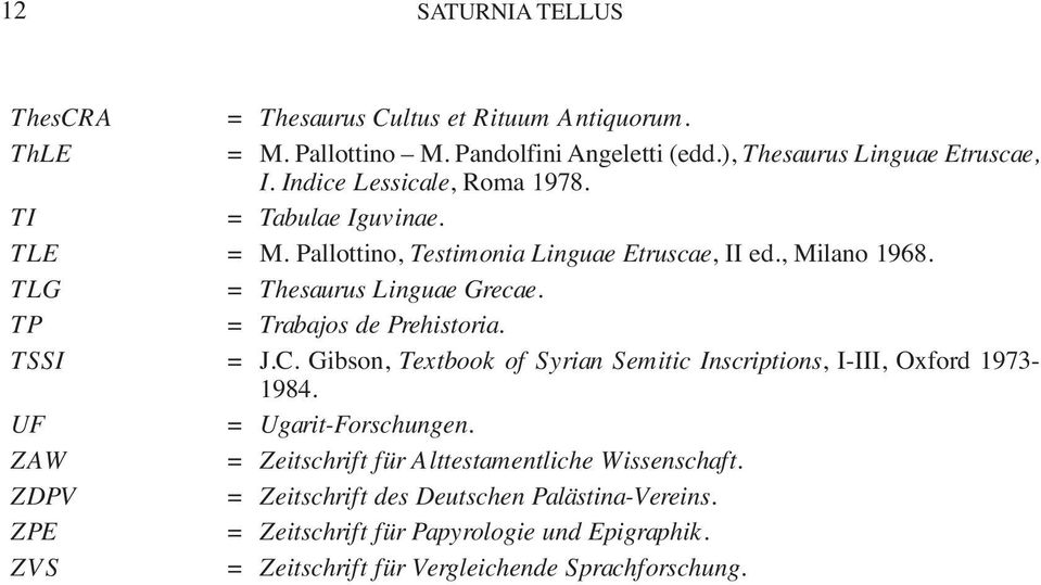 TP = Trabajos de Prehistoria. TSSI = J.C. Gibson, Textbook of Syrian Semitic Inscriptions, I-III, Oxford 1973-1984. UF = Ugarit-Forschungen.