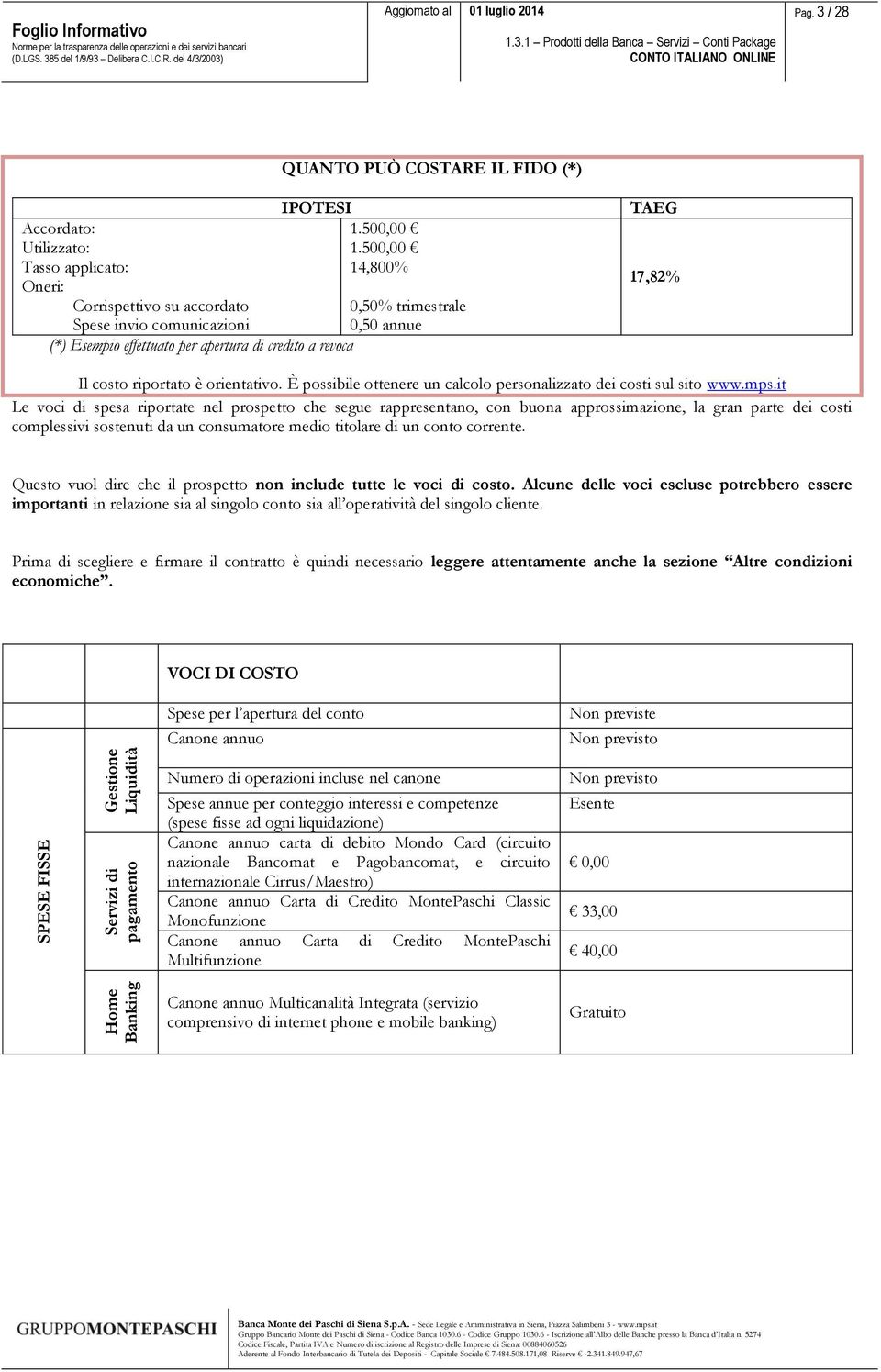 500,00 14,800% 0,50% trimestrale 0,50 annue (*) Esempio effettuato per apertura di credito a revoca TAEG 17,82% Il costo riportato è orientativo.