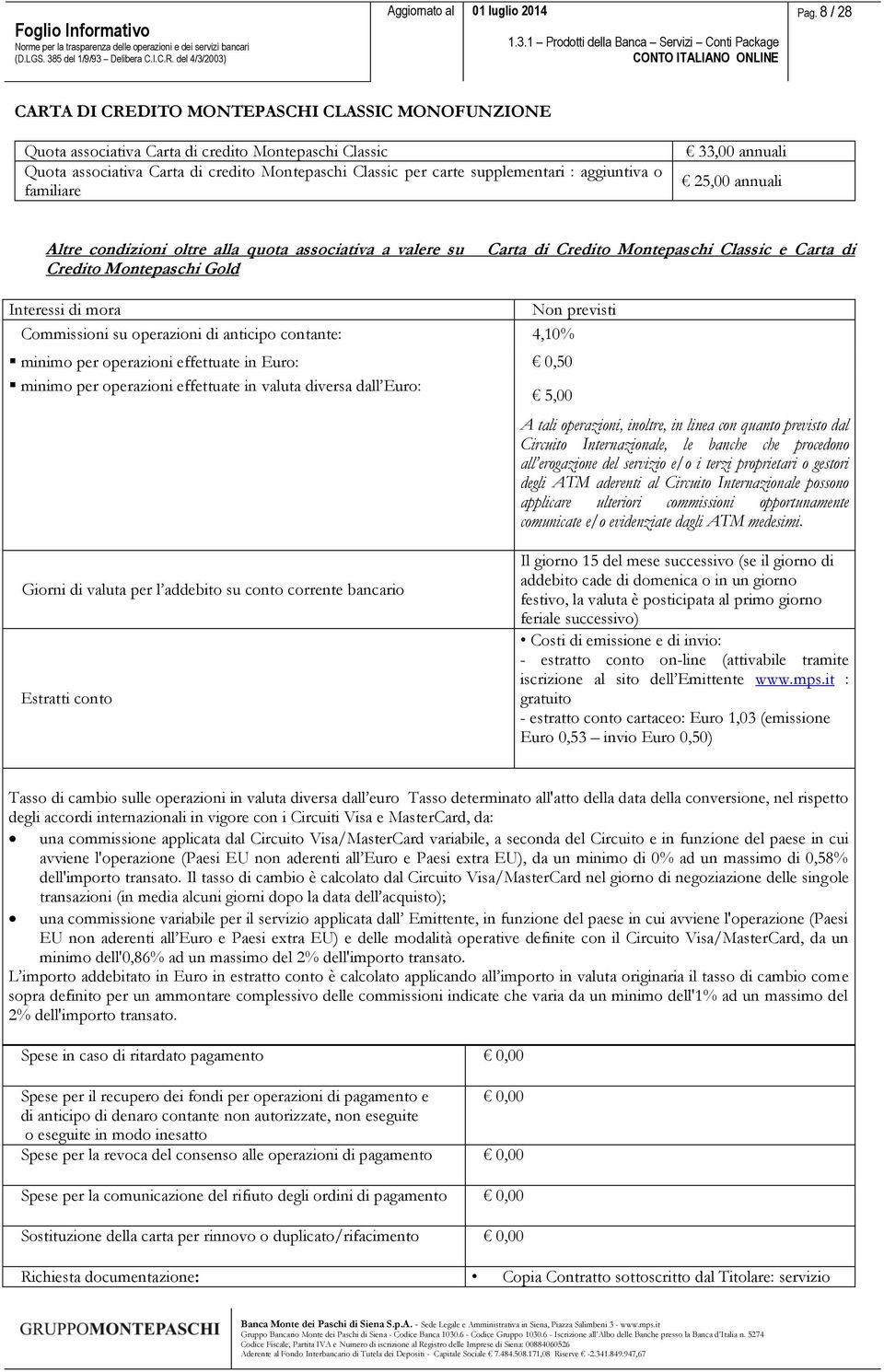 Non previsti Commissioni su operazioni di anticipo contante: 4,10% minimo per operazioni effettuate in Euro: 0,50 minimo per operazioni effettuate in valuta diversa dall Euro: 5,00 A tali operazioni,