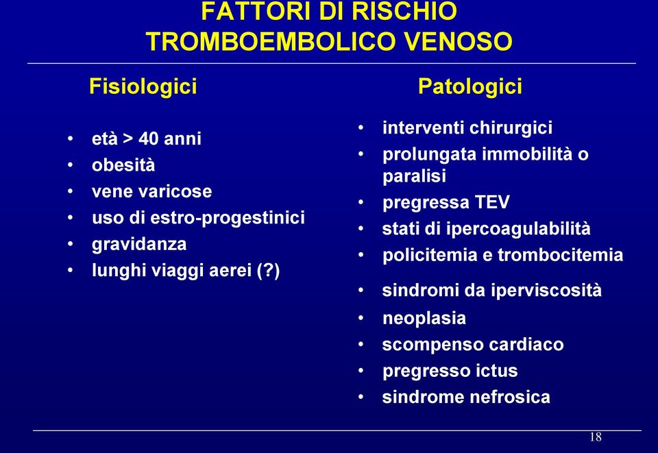 ) interventi chirurgici prolungata immobilità o paralisi pregressa TEV stati di