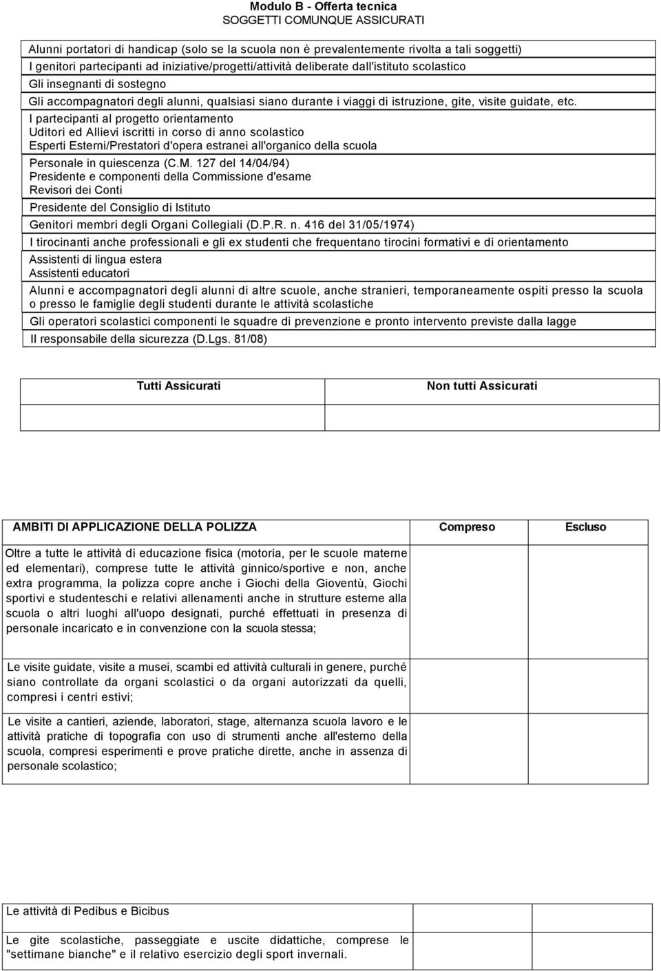 I partecipanti al progetto orientamento Uditori ed Allievi iscritti in corso di anno scolastico Esperti Esterni/Prestatori d'opera estranei all'organico della scuola Personale in quiescenza (C.M.