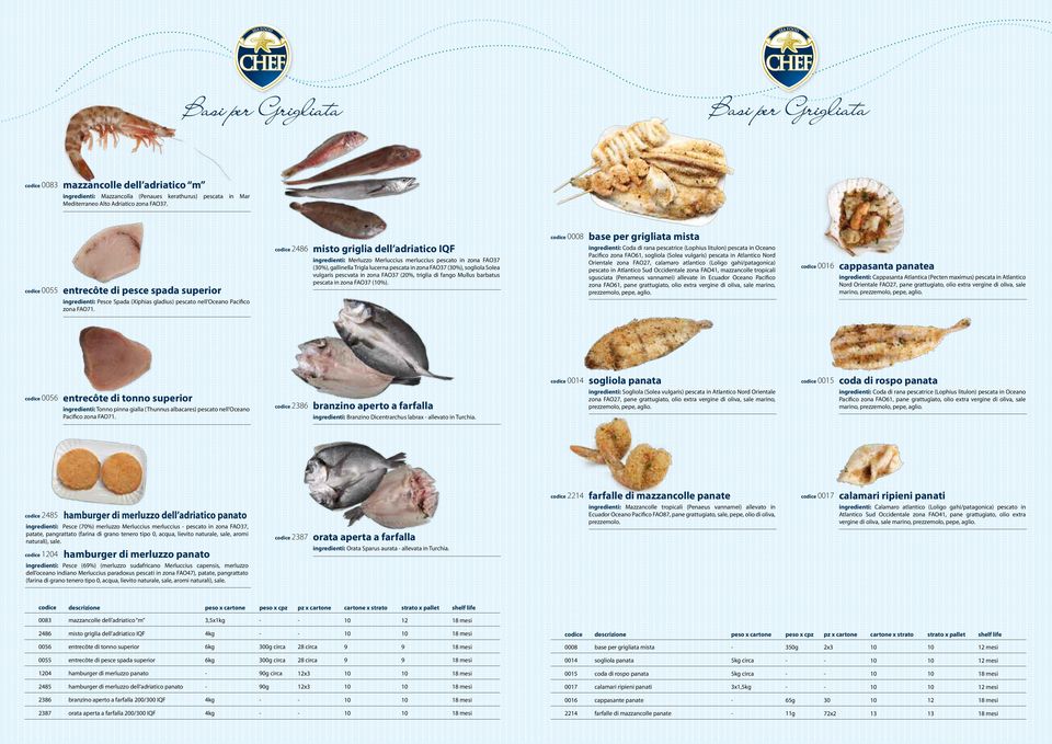 248 misto griglia dell adriatico IQF ingredienti: Merluzzo Merluccius merluccius pescato in zona FAO37 (30%), gallinella Trigla lucerna pescata in zona FAO37 (30%), sogliola Solea vulgaris pescvata