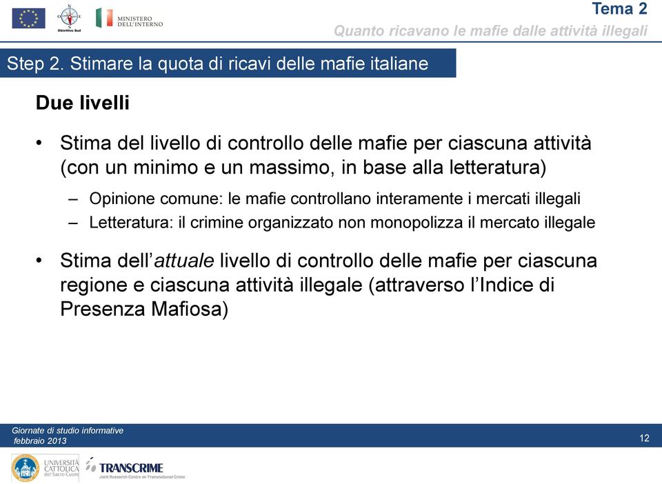 minimo e un massimo, in base alla letteratura) Opinione comune: le mafie controllano interamente i mercati illegali Letteratura: il