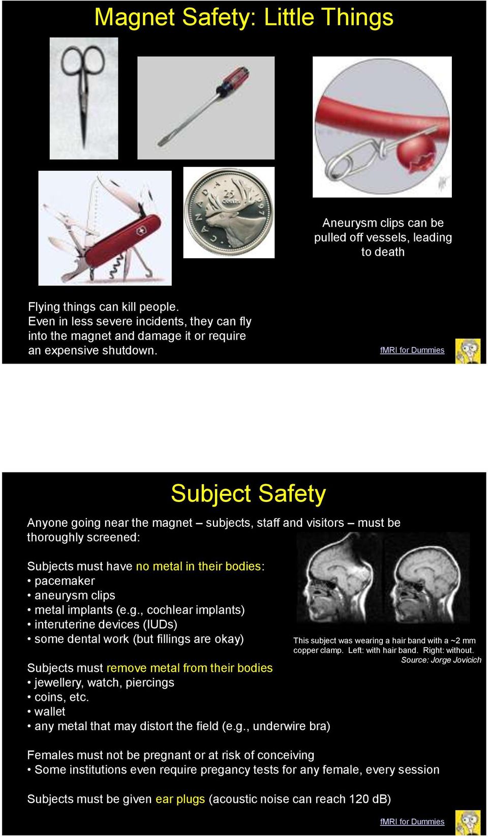fmri for Dummies Subject Safety Anyone going near the magnet subjects, staff and visitors must be thoroughly screened: Subjects must have no metal in their bodies: pacemaker aneurysm clips metal