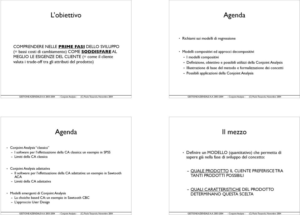 Illustrazione di base del metodo e formalizzazione dei concetti Possibili applicazioni della Conjoint Analysis Agenda Il mezzo Conjoint Analysis classica I software per l effettuazione della CA