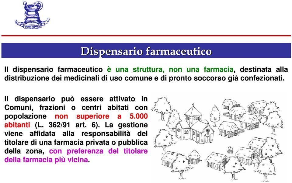 Il dispensario può essere attivato in Comuni, frazioni o centri abitati con popolazione non superiore a 5.000 abitanti (L.