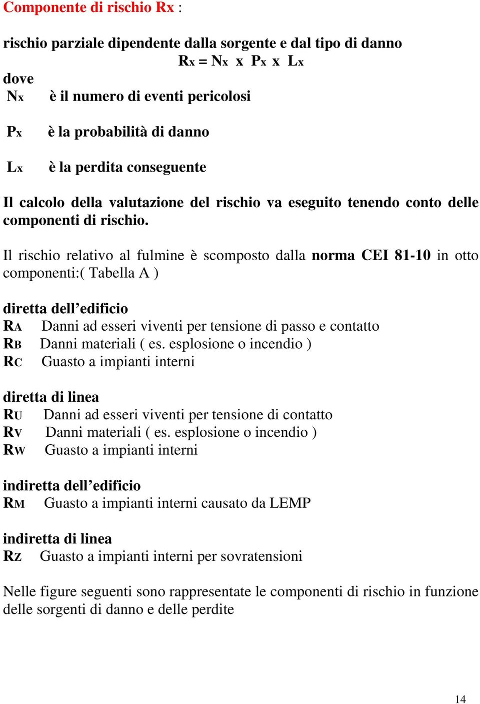 Il rischio relativo al fulmine è scomposto dalla norma CEI 81-10 in otto componenti:( Tabella A ) diretta dell edificio RA Danni ad esseri viventi per tensione di passo e contatto RB Danni materiali